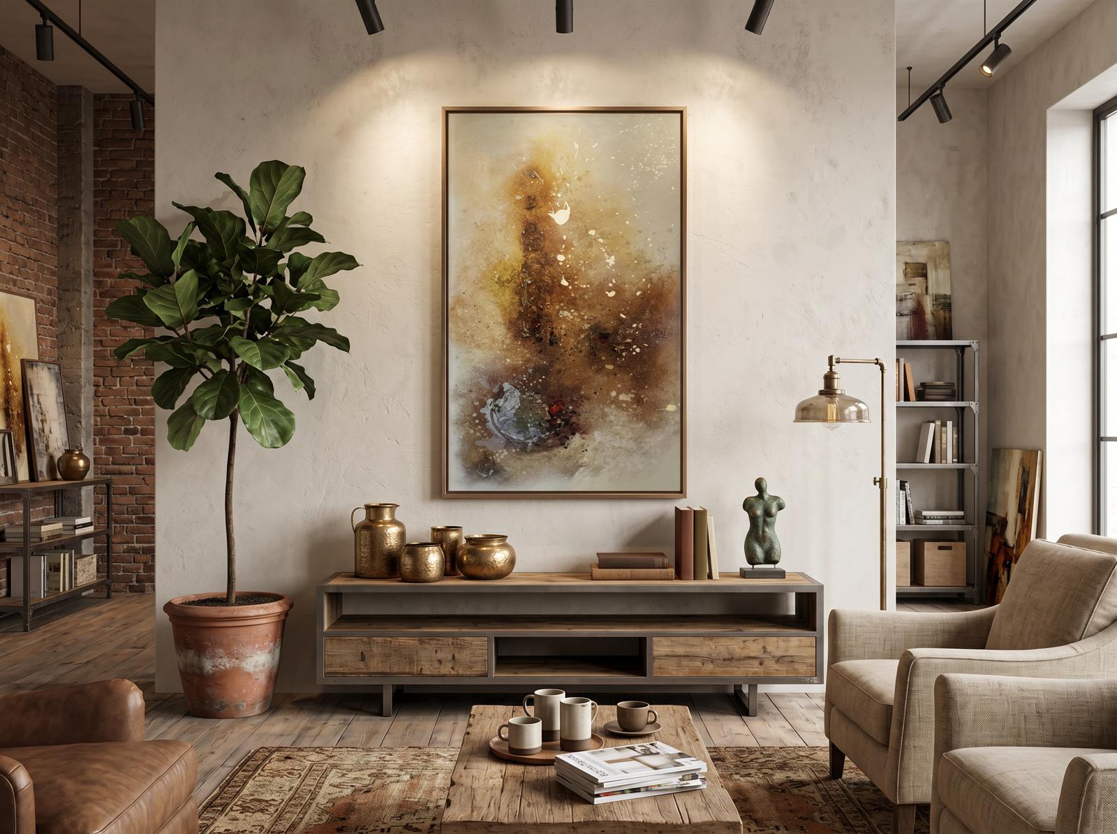 Warm interieur met schilderij gepresenteerd aan de muur